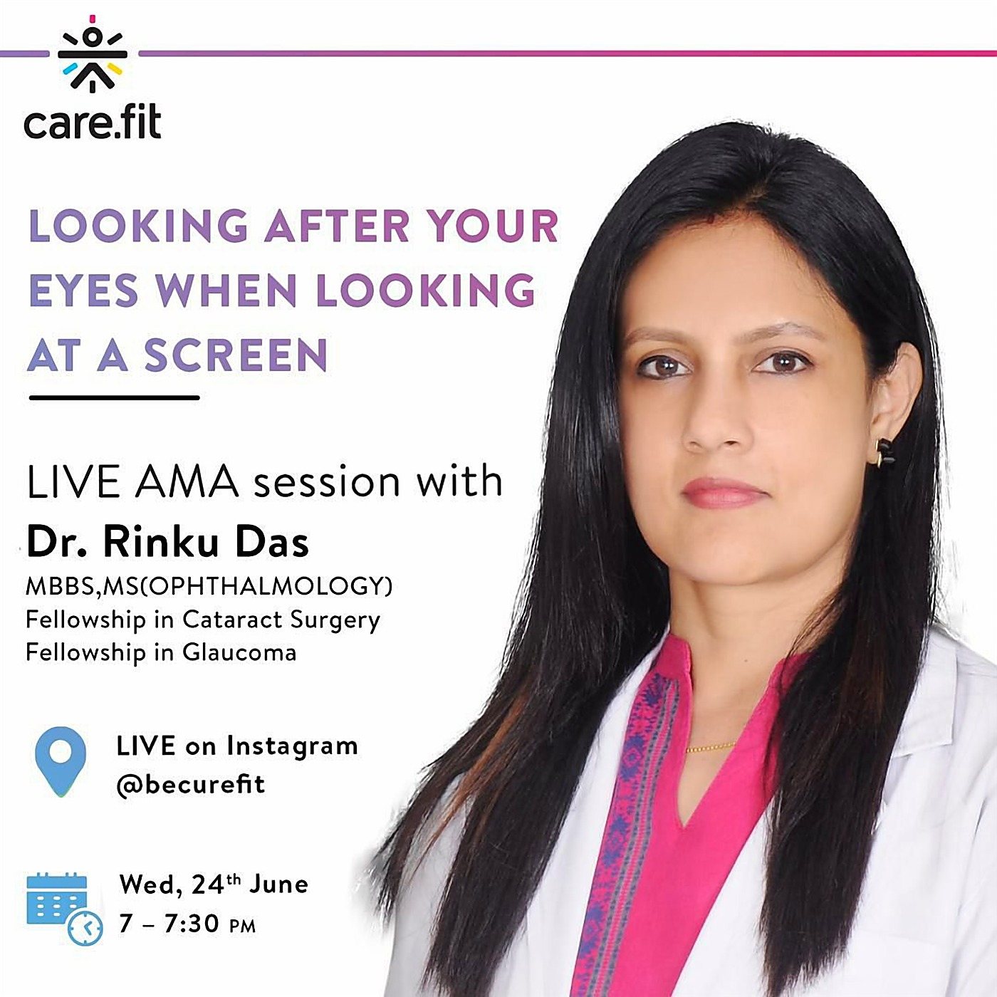 The care.fit announcement card for the live AMA session with Dr. Rinku Das