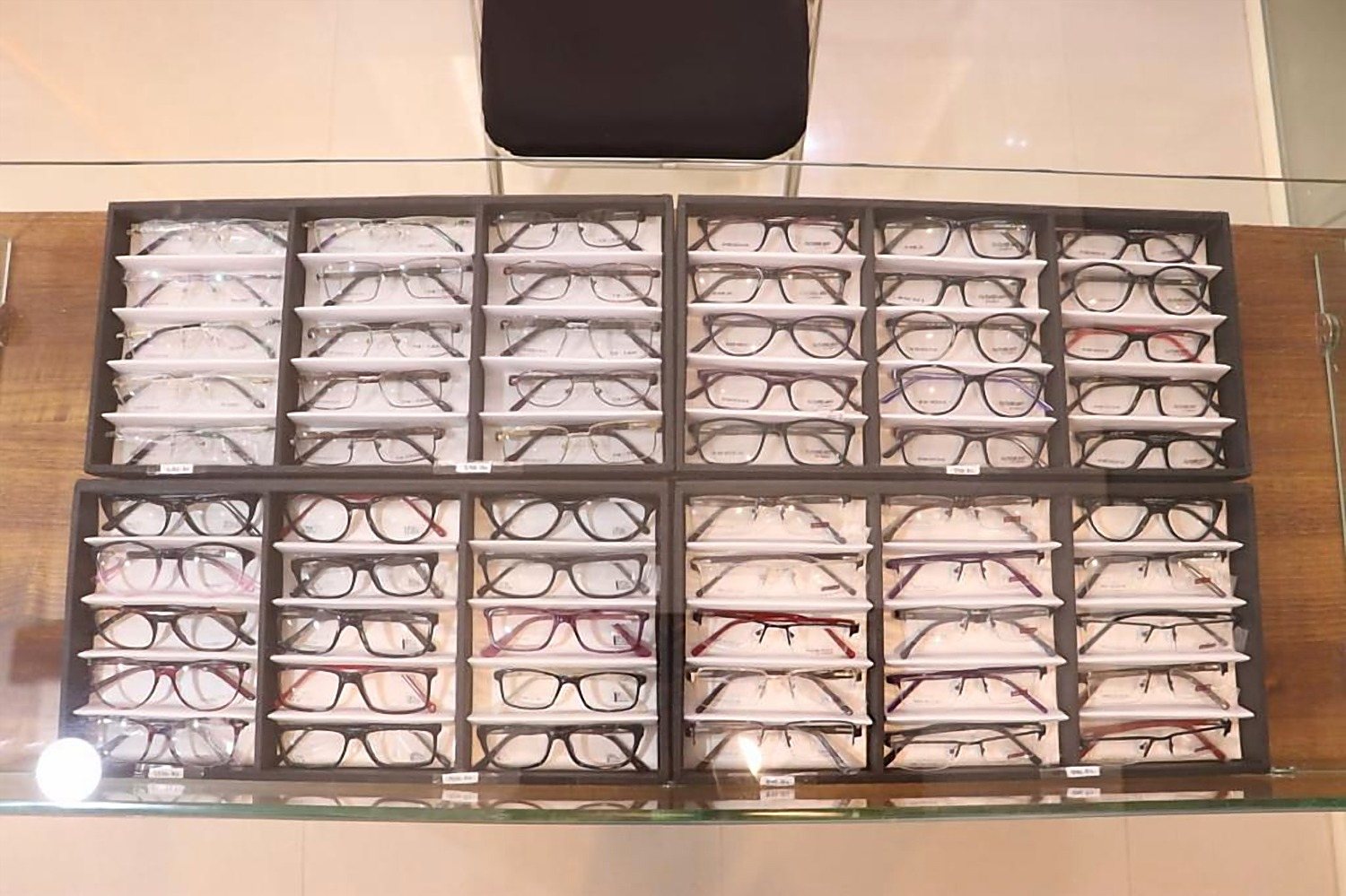 Part of the frame collection, laid out for trying on